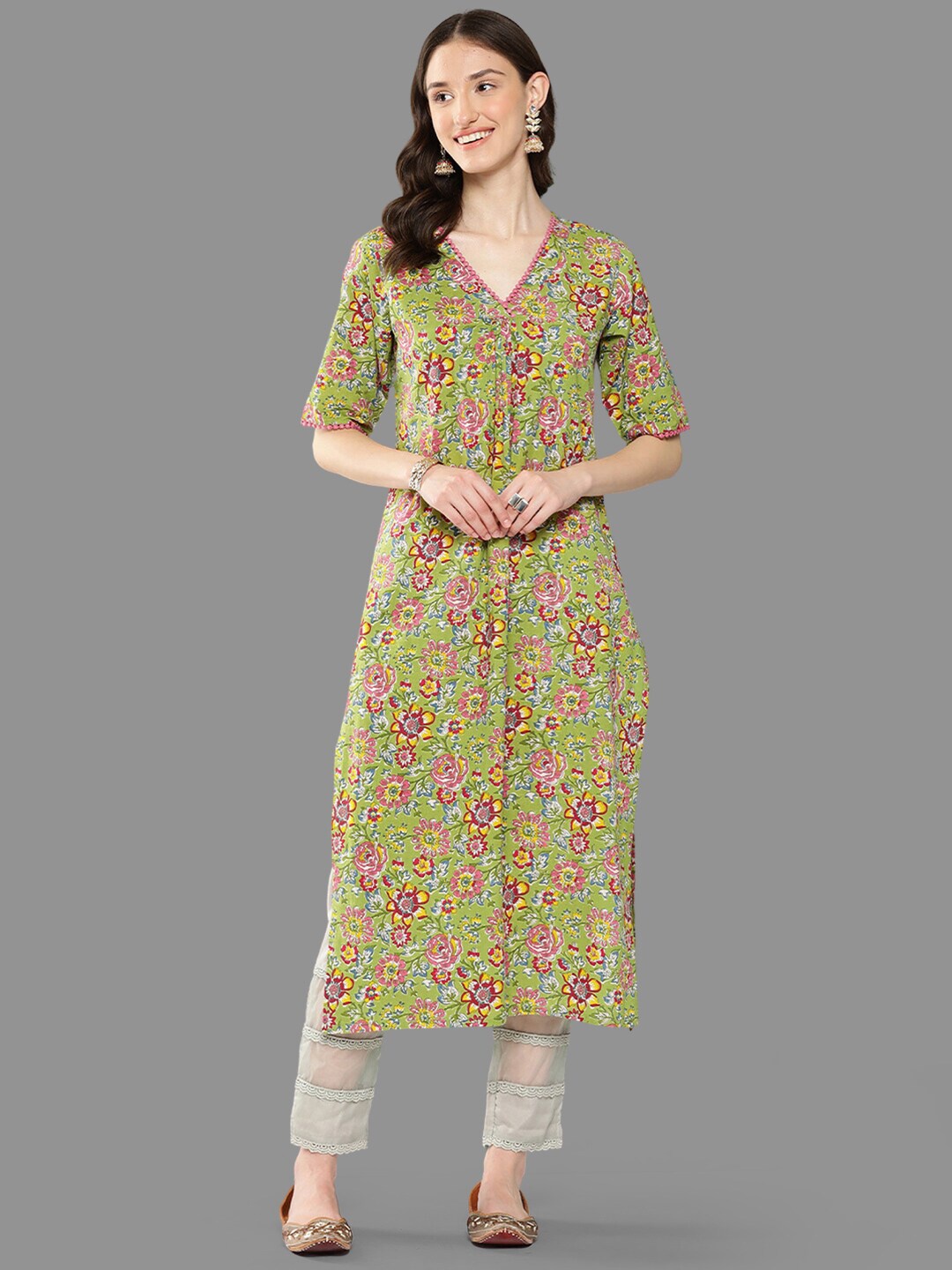 

Janasya Floral Printed V-Neck Cotton Kurta, Green