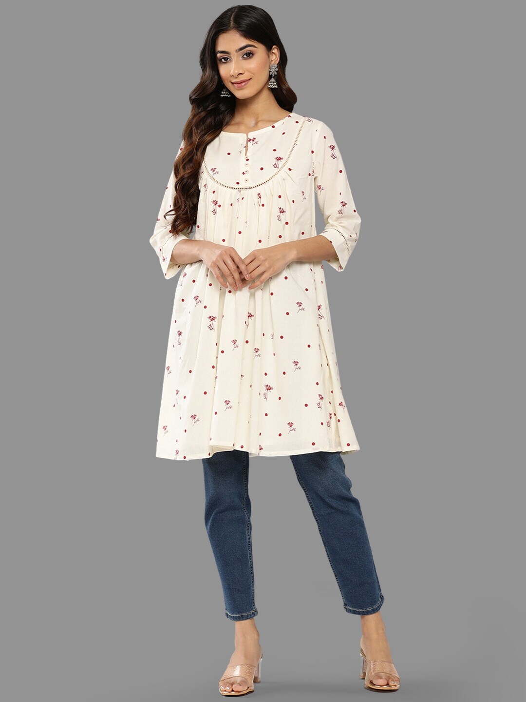 

Janasya Floral Printed Cotton Key Hole Neck Kurti, Off white