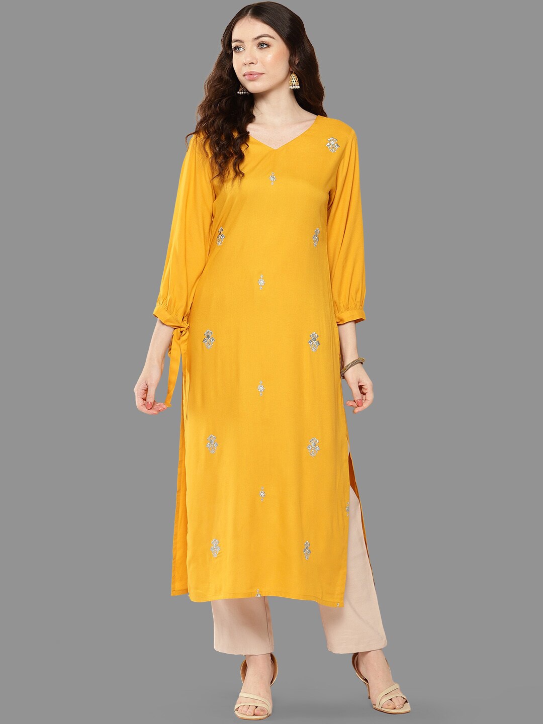 

Janasya Ethnic Motifs Embroidered Thread Work Straight Kurta, Yellow