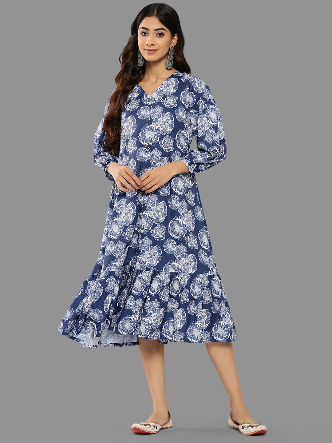 

Janasya Floral Printed Puff Sleeve Crepe A-Line Midi Dress, Blue