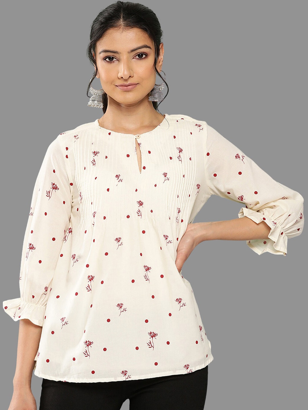 

Janasya Floral Print Keyhole Neck Cotton A-Line Top, Off white