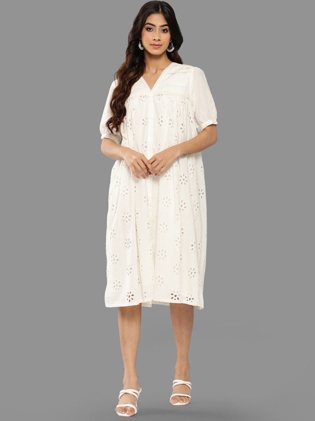 

Janasya Self Design Schiffli A-Line Cotton Dress, White