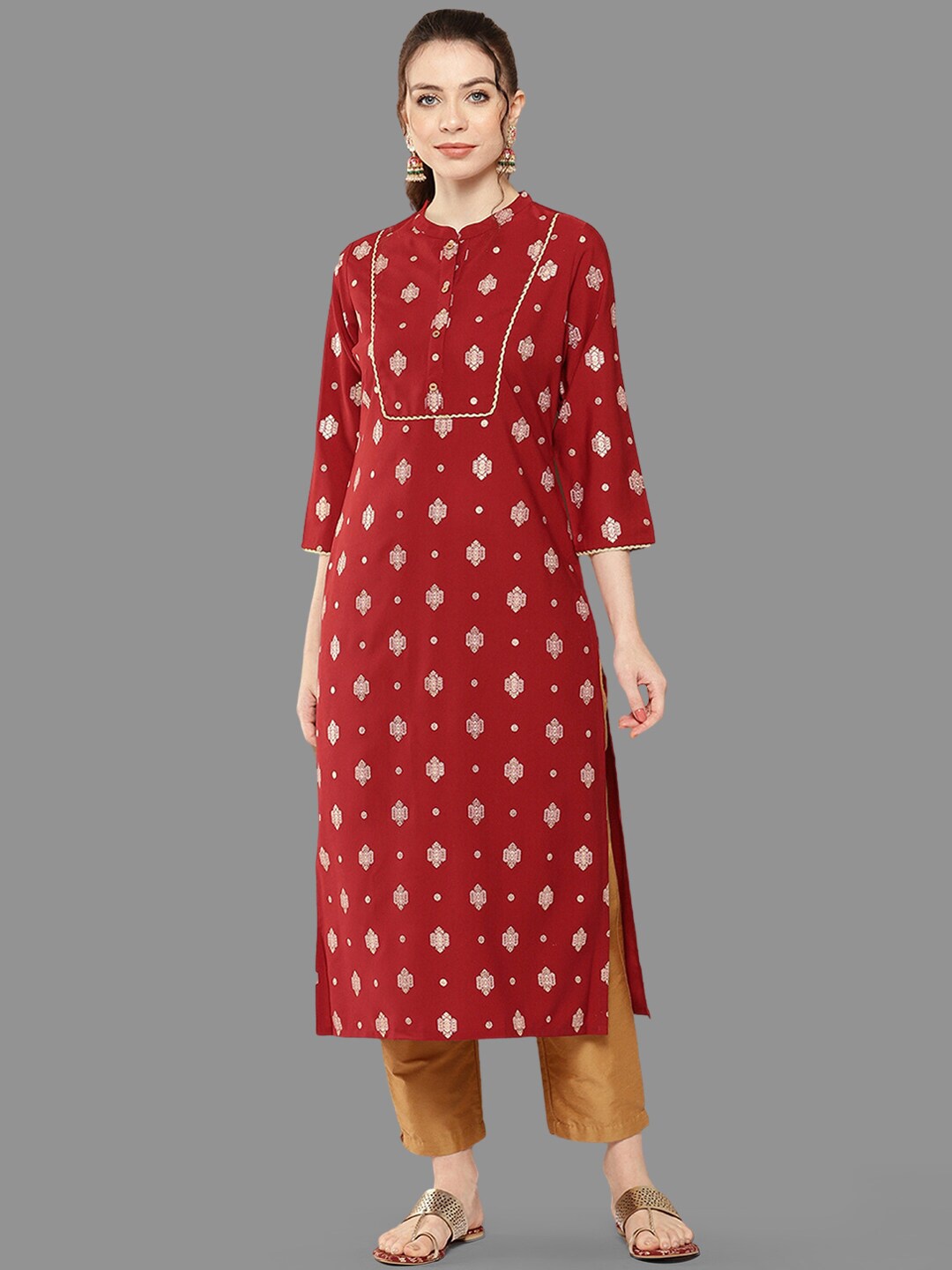 

Janasya Ethnic Motifs Foil Printed Mandarin Collar Crepe Kurta, Red