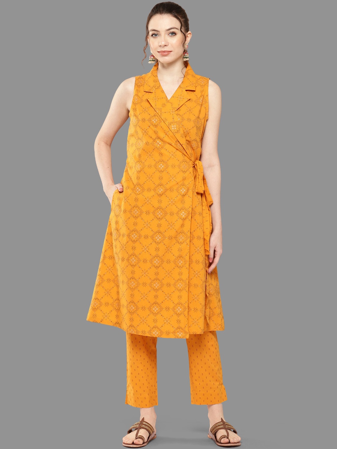 

Janasya Ethnic Motifs Printed Pure Cotton A-Line Kurta with Trouser, Mustard