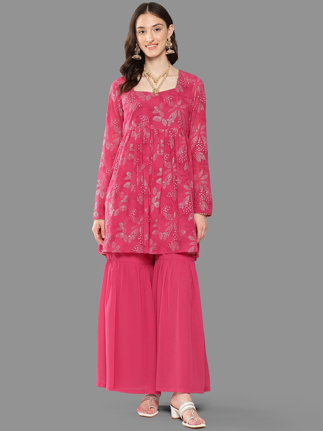 

Janasya Ethnic Motifs Printed Regular Gotta Patti Kurti with Sharara, Pink