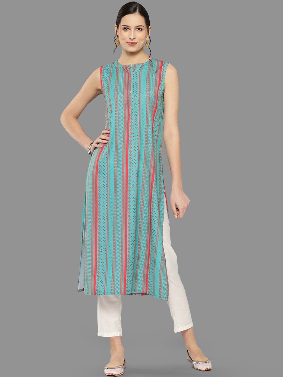

Janasya Striped Sleeveless Straight Kurta, Blue