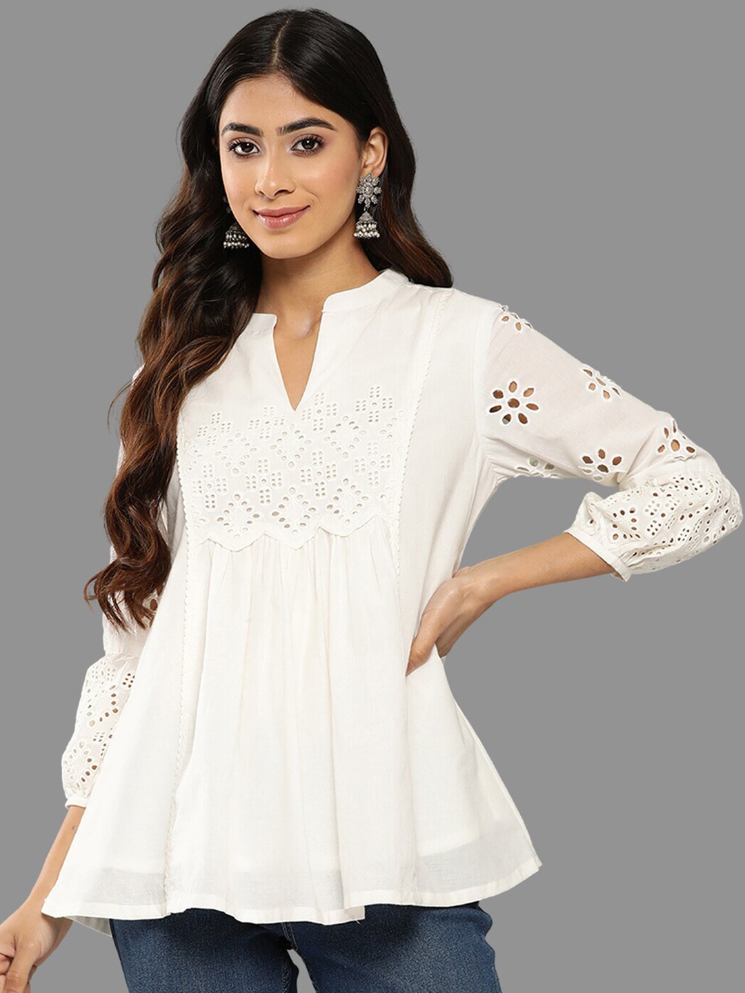 

Janasya Schiffli Cotton A-Line Top, White