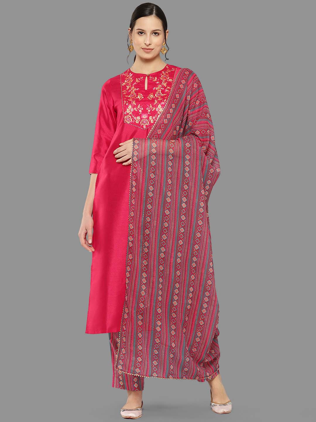 

Janasya Pink Floral Embroidered Keyhole Neck Gotta Patti Kurta With Trousers & Dupatta
