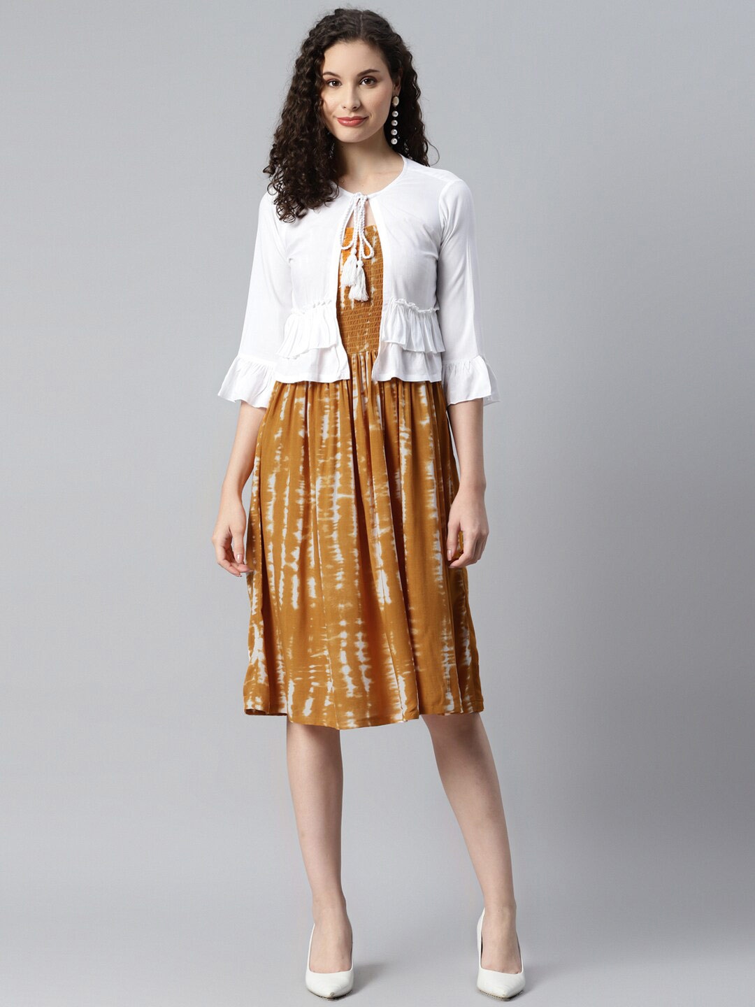 

DEEBACO Tie and Dye Fit & Flare Dress With Shrug, Mustard