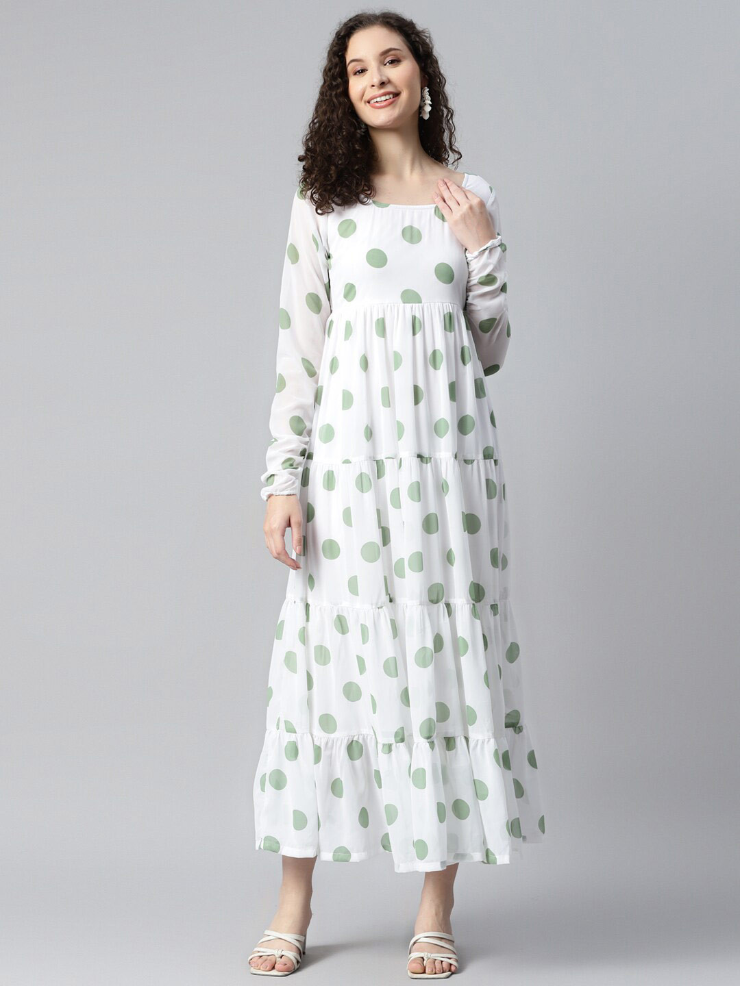 

DEEBACO Polka Dots Printed Gathered Fit & Flare Dress, White