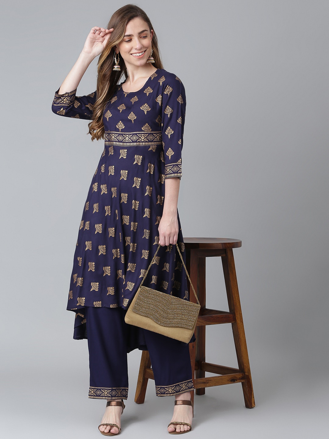 

Khushal K Ethnic Motifs Printed High-Low Kurta With Palazzos, Blue