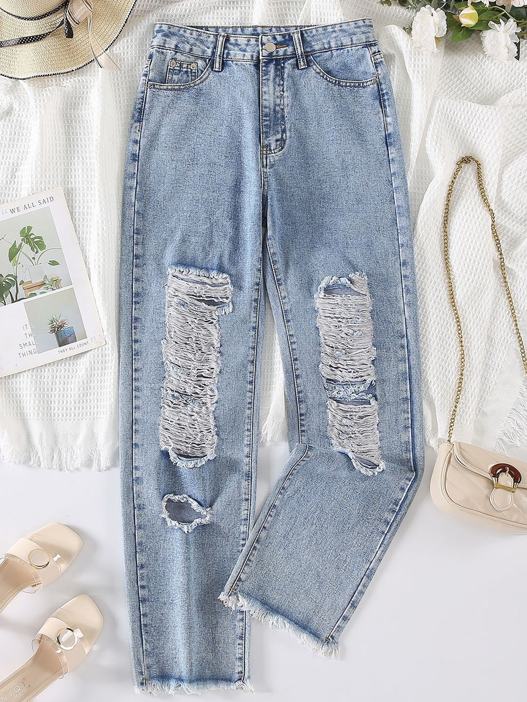 

LULU & SKY Women Straight Fit Mildly Distressed Ripped Jeans, Blue