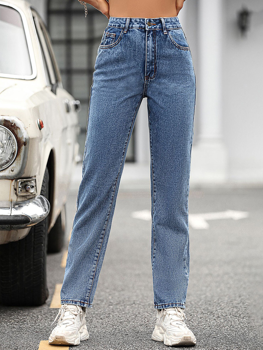 

LULU & SKY Women Straight Fit High-Rise Mildly Distressed Light Fade Jeans, Blue