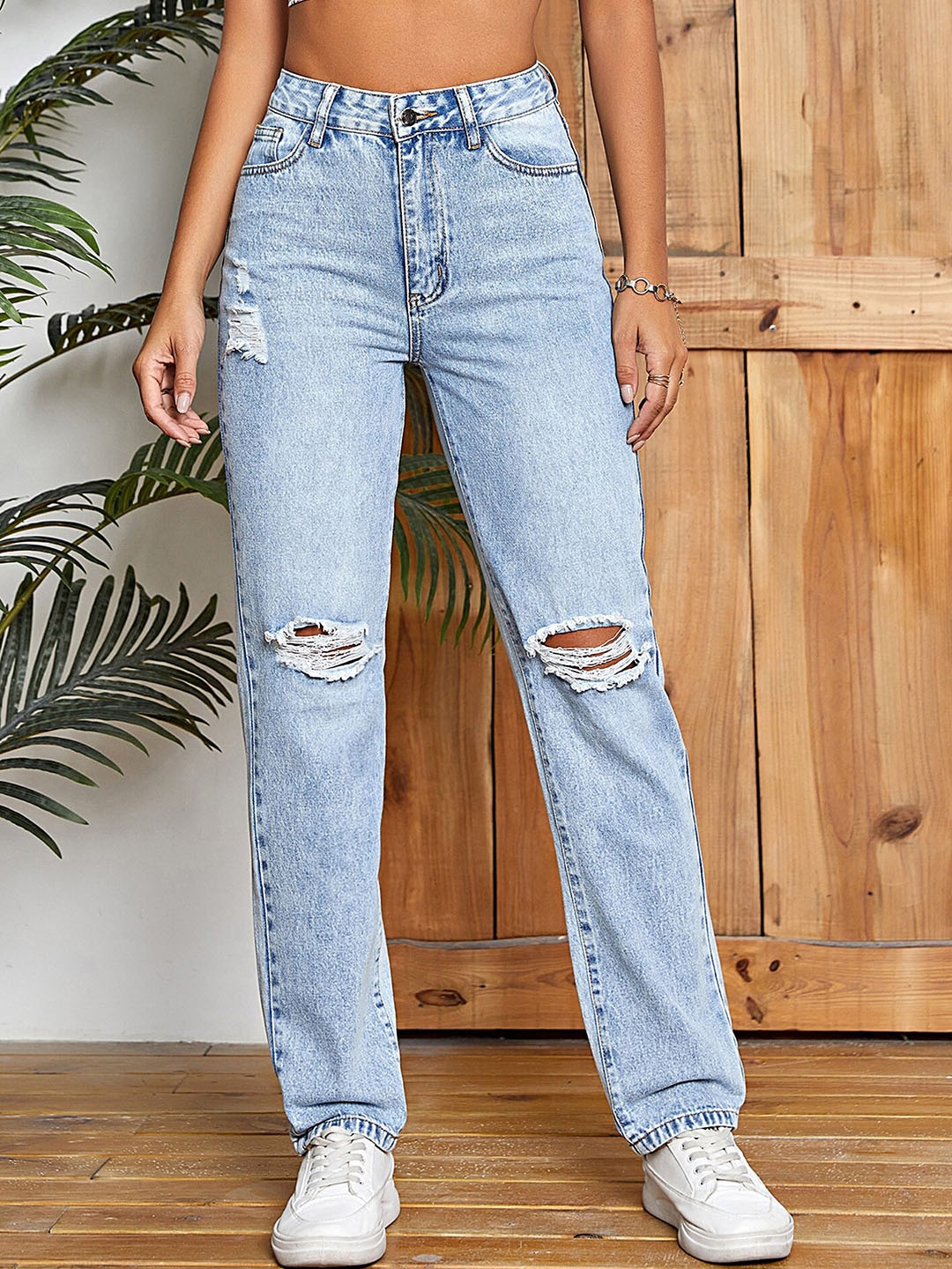 

LULU & SKY Women Straight Fit High-Rise Highly Distressed Heavy Fade Jeans, Blue