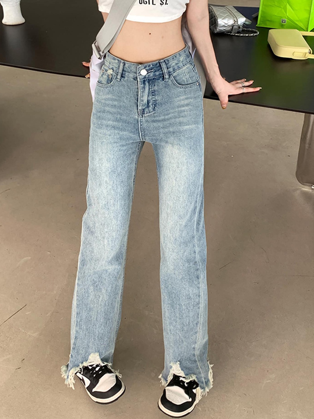 

LULU & SKY Women Straight Fit High-Rise Mildly Distressed Light Fade Jeans, Blue