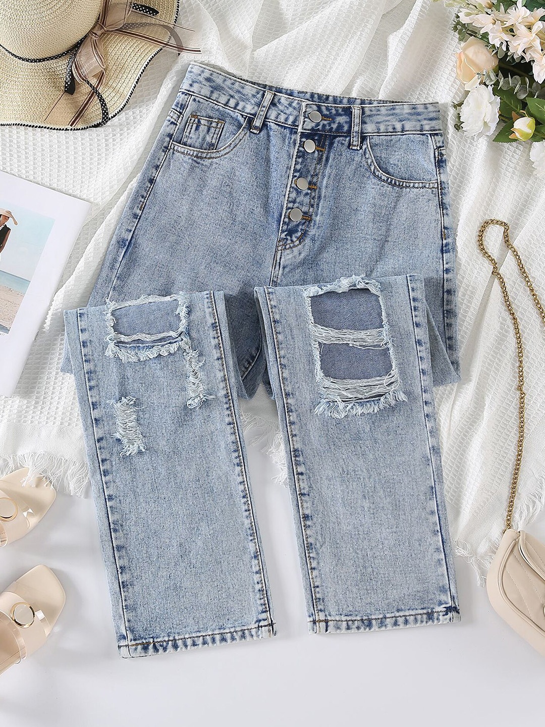 

LULU & SKY Women Wide Leg Highly Distressed Heavy Fade Jeans, Na