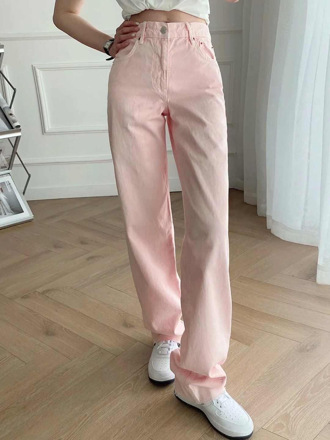 

LULU & SKY Women Straight Fit High-Rise Clean Look Stretchable Jeans, Pink