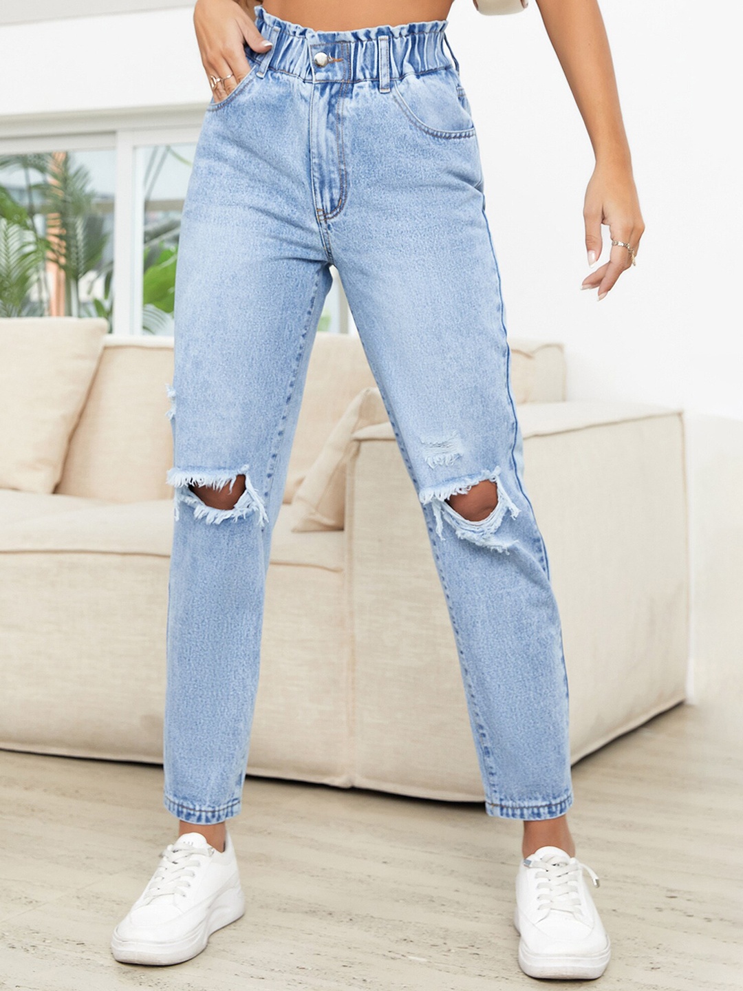 

LULU & SKY Women Straight Fit High-Rise Slash Knee Heavy Fade Ripped Jeans, Blue