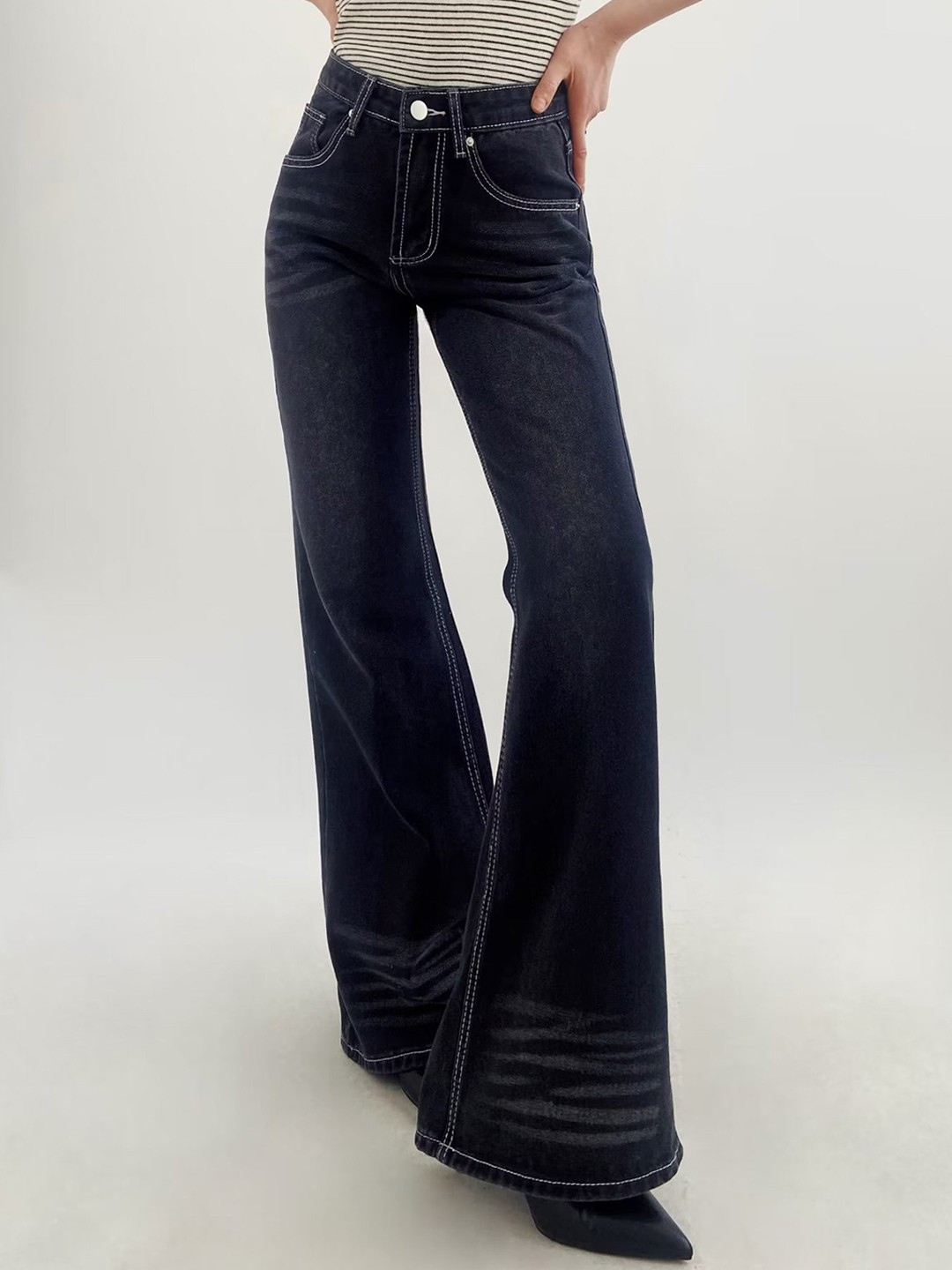 

LULU & SKY Women Flared High-Rise Low Distress Light Fade Cotton Jeans, Blue
