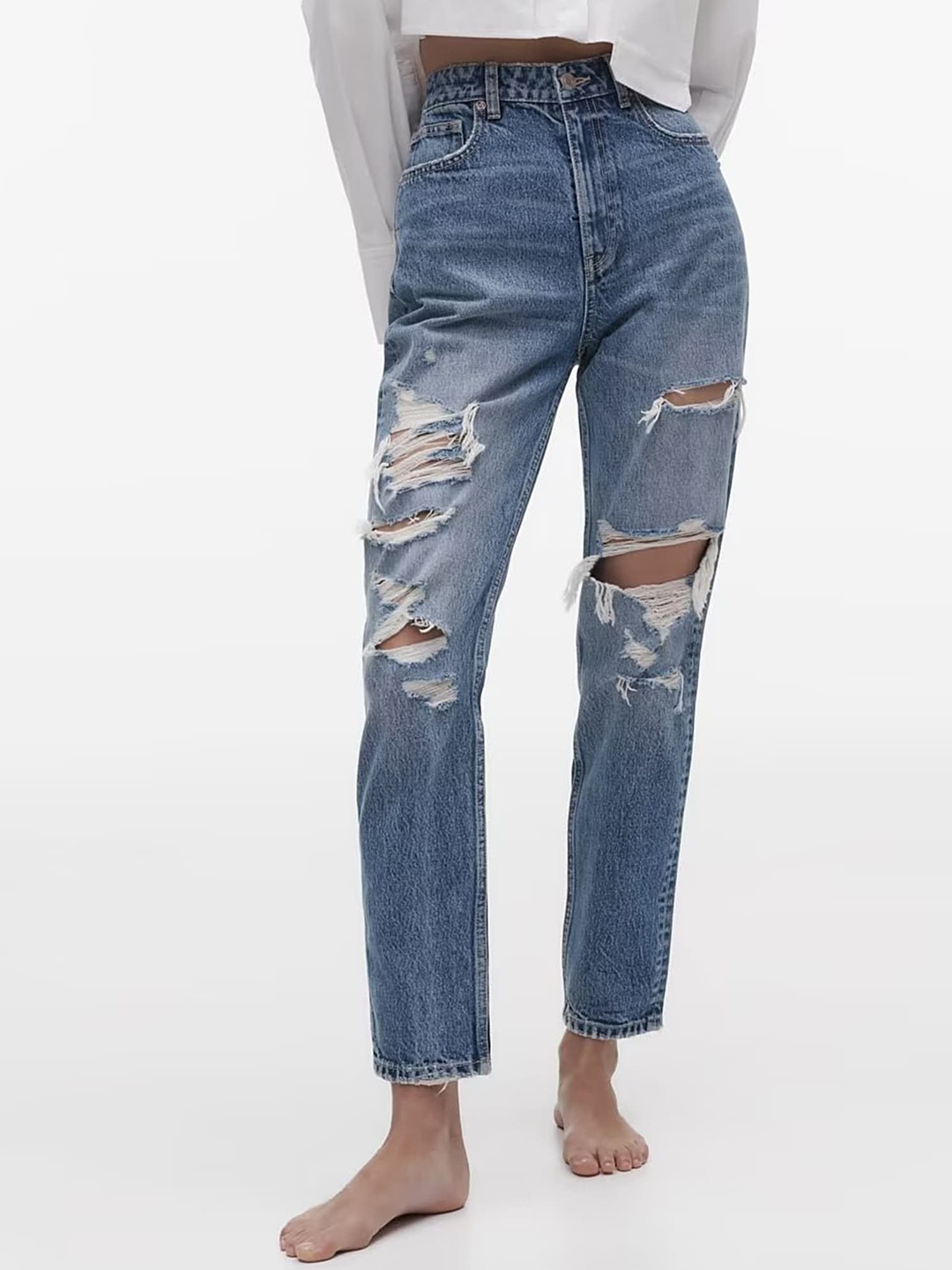 

LULU & SKY Women Straight Fit High-Rise Highly Distressed Light Fade Ripped Jeans, Blue