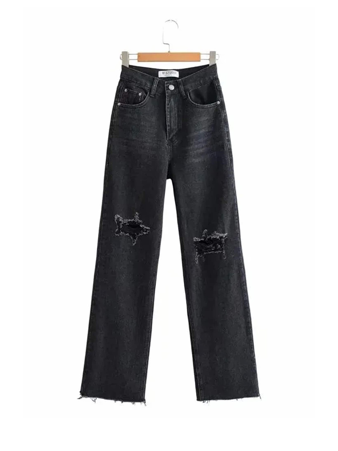 

LULU & SKY Women Straight Fit High-Rise Highly Distressed Stretchable Jeans, Black