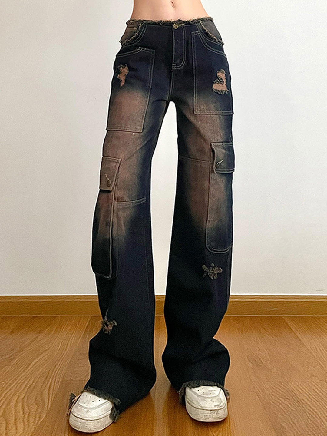 

LULU & SKY Women Straight Fit Low-Rise Highly Distressed Heavy Fade Cotton Jeans, Black
