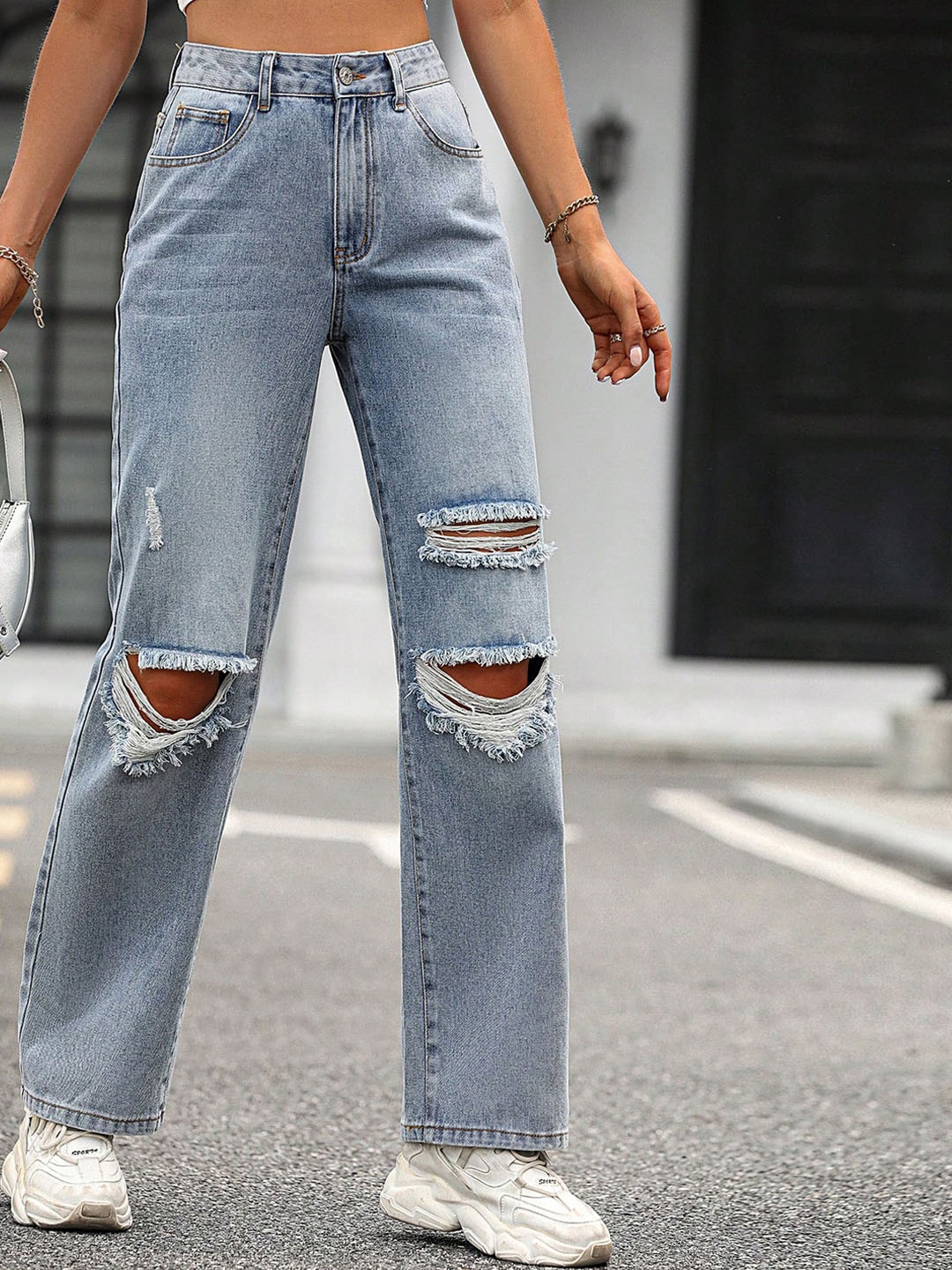 

LULU & SKY Women Straight Fit High-Rise Highly Distressed Heavy Fade Jeans, Na