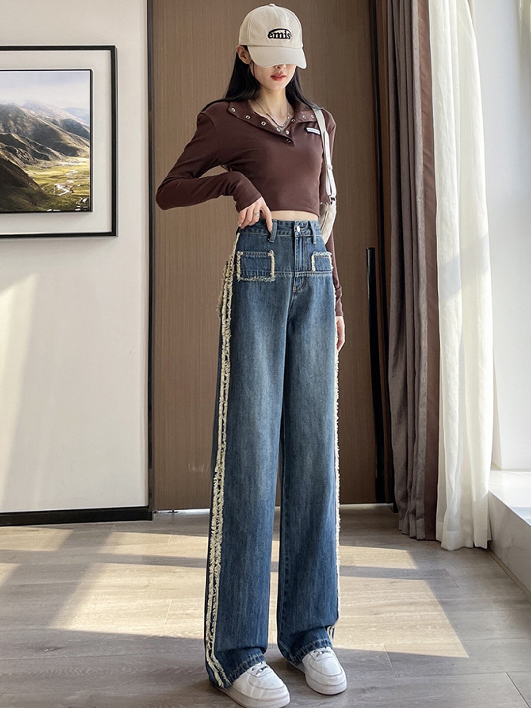 

LULU & SKY Women Wide Leg High-Rise Mildly Distressed Light Fade Cotton Jeans, Blue