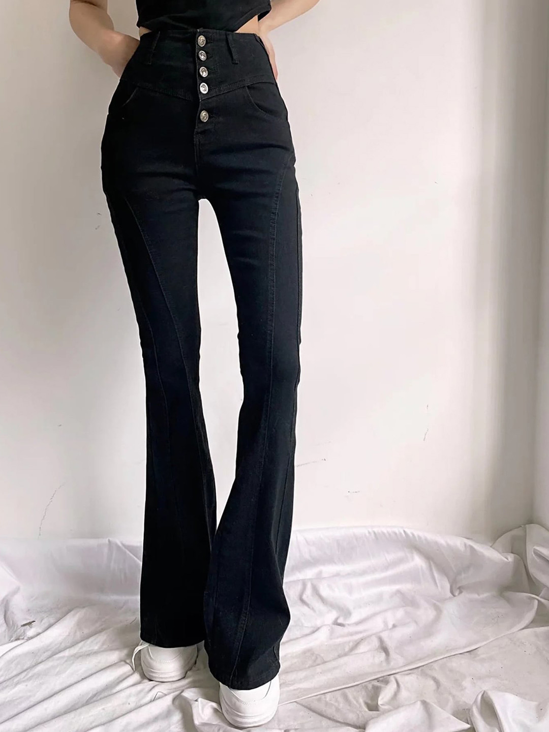 

LULU & SKY Women Straight Fit High-Rise Clean Look Flare Jeans, Black