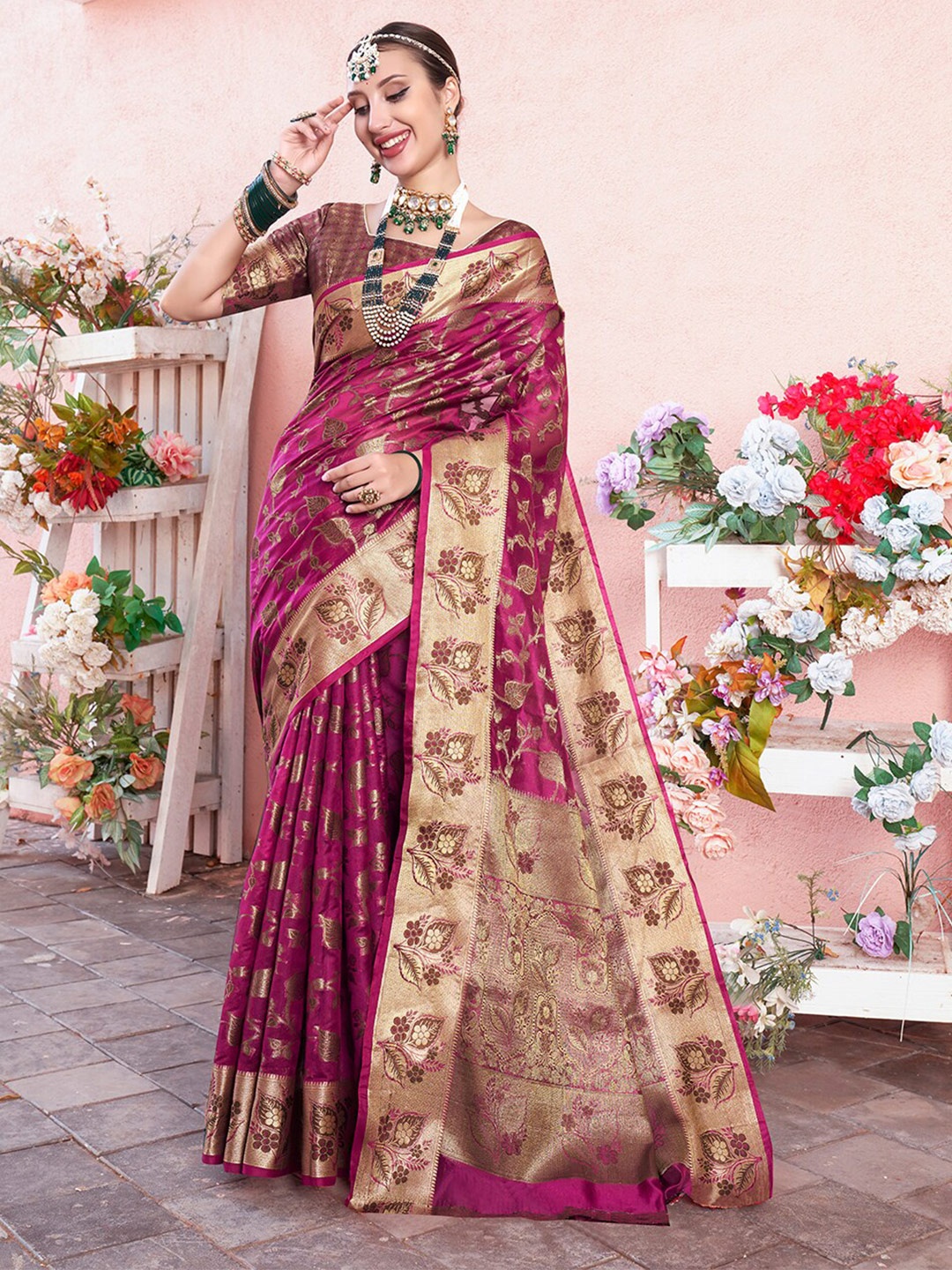 

Anouk Pink Floral Woven Design Zari Organza Saree