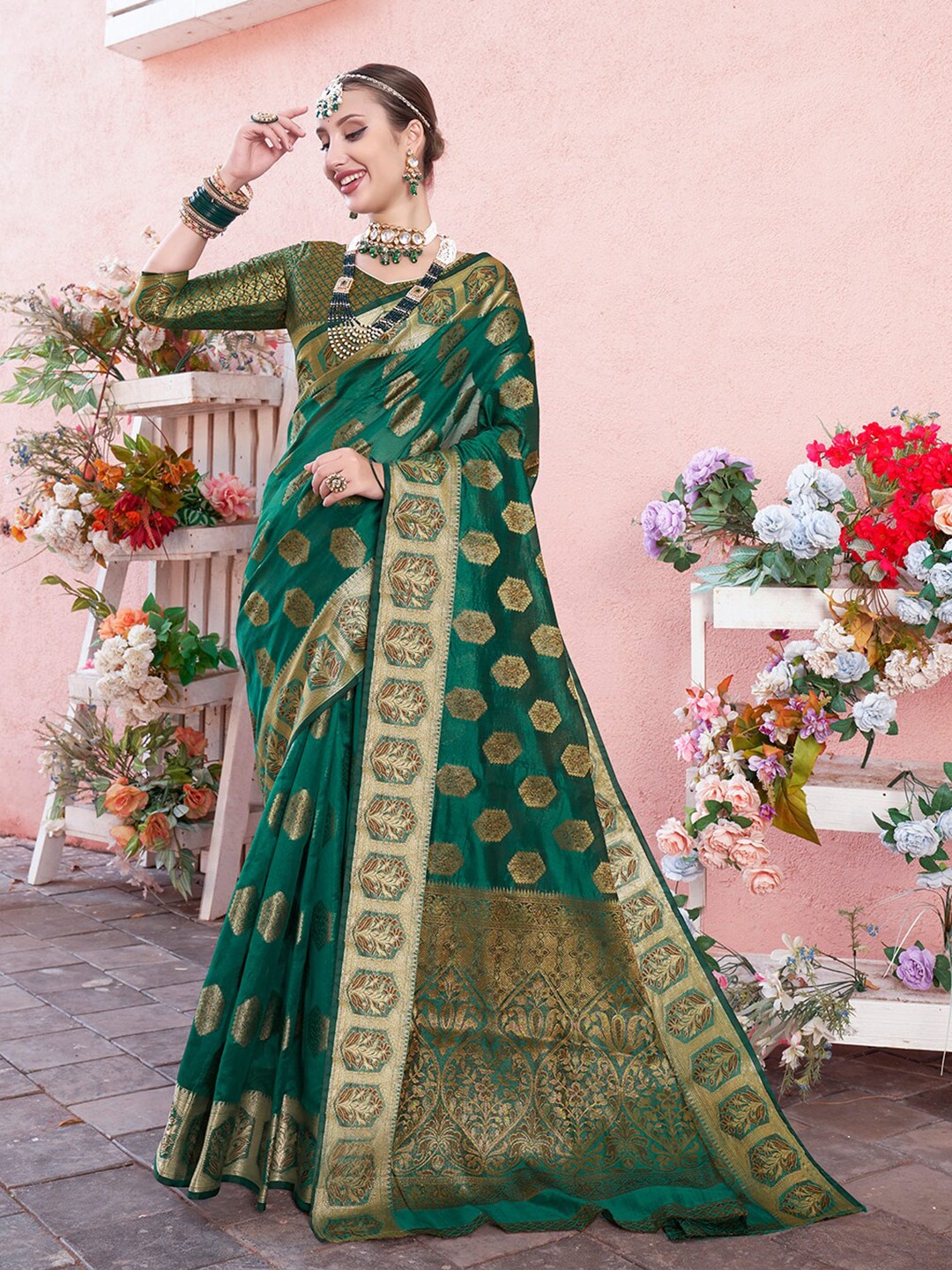 

Anouk Green Ethnic Motifs Woven Design Zari Organza Saree