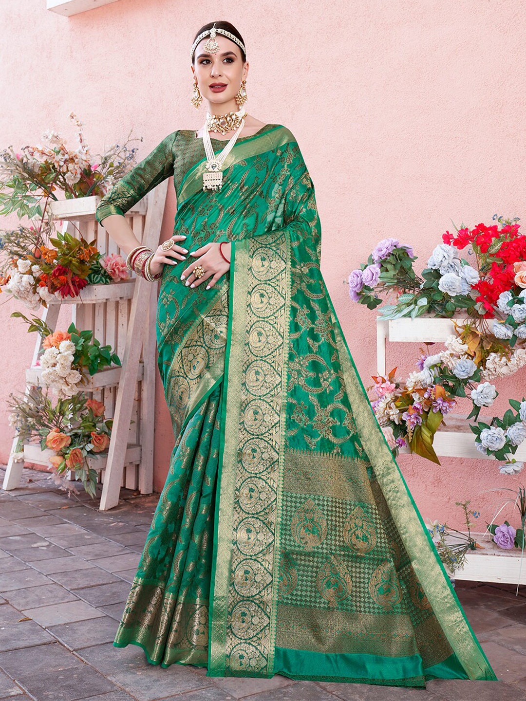 

Anouk Woven Design Zari Organza Designer Saree, Green