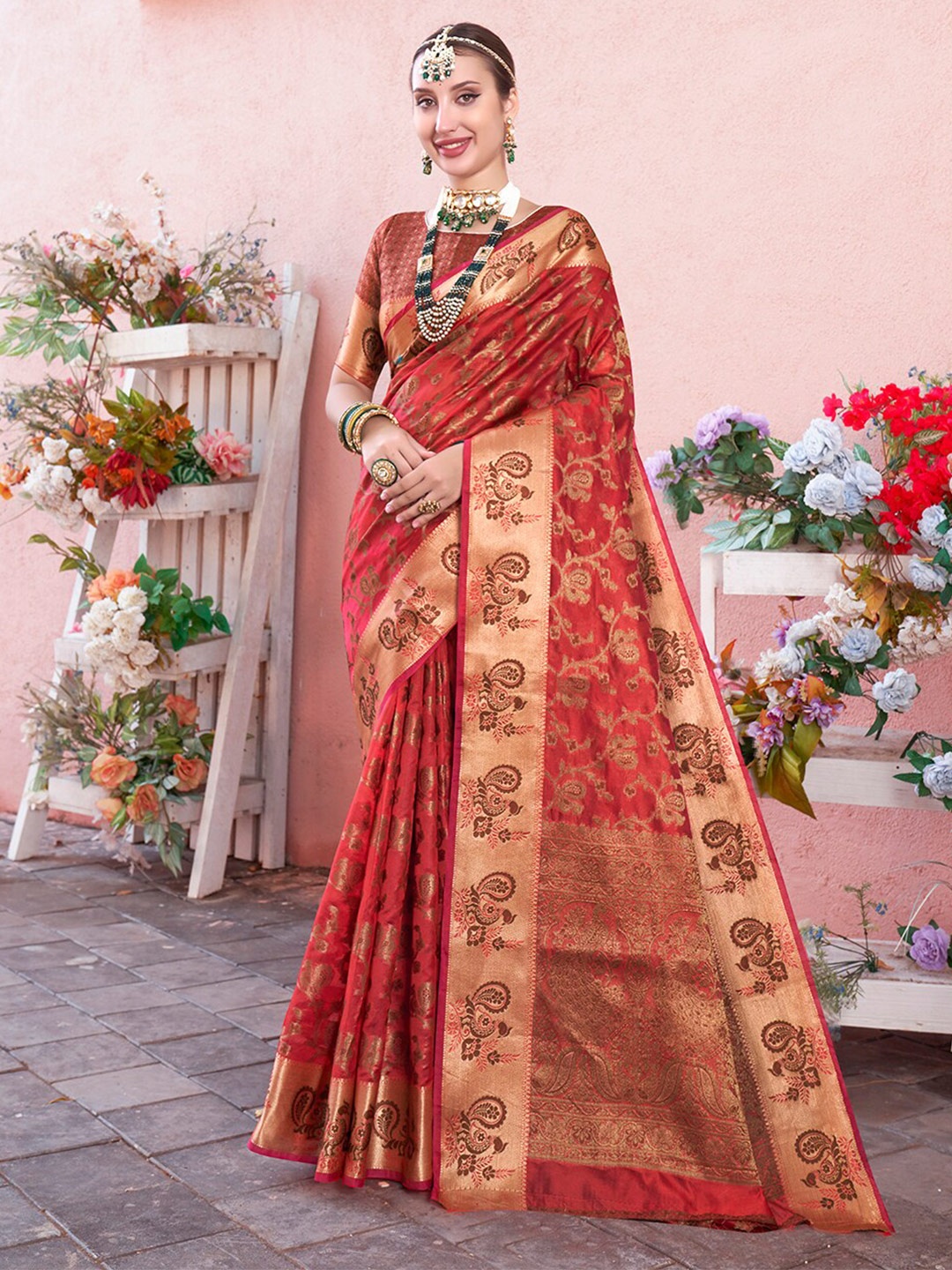 

Anouk Red Ethnic Motifs Woven Design Zari Organza Saree