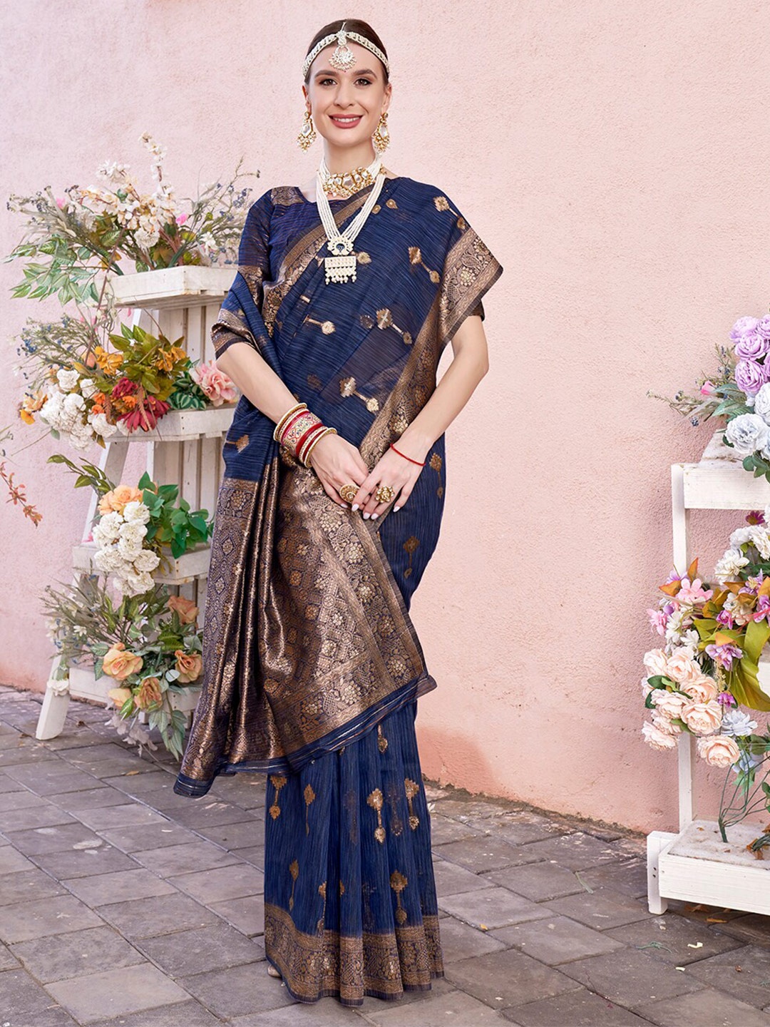 

Anouk Blue Ethnic Motifs Woven Design Zari Detailed Saree