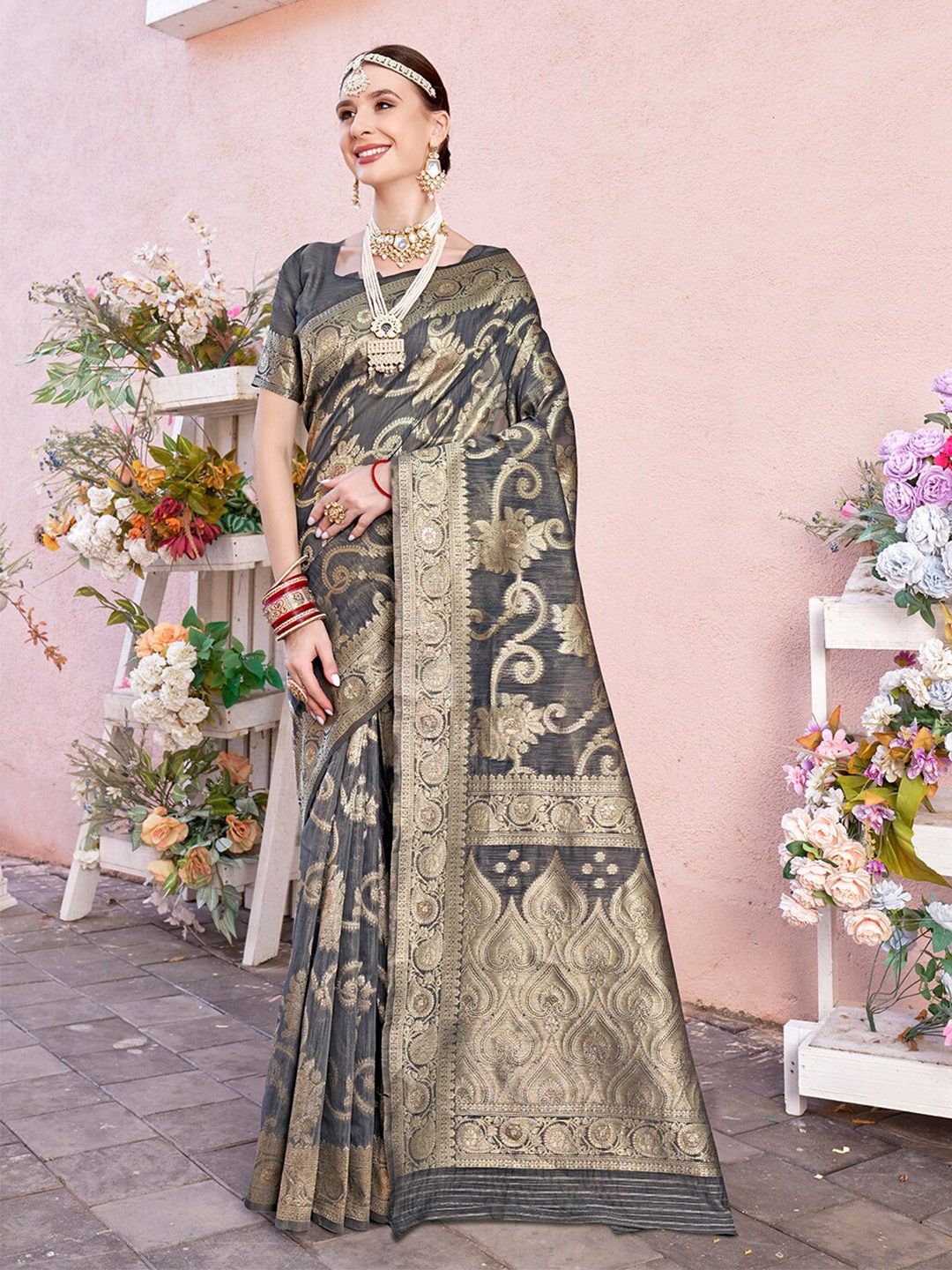 

Anouk Grey Floral Woven Design Zari Detailed Saree