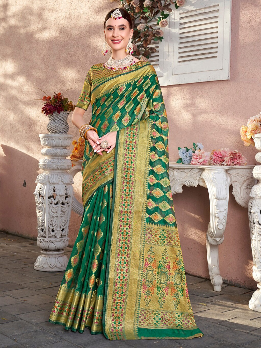 

Anouk Green Ethnic Motifs Woven Design Zari Art Silk Saree