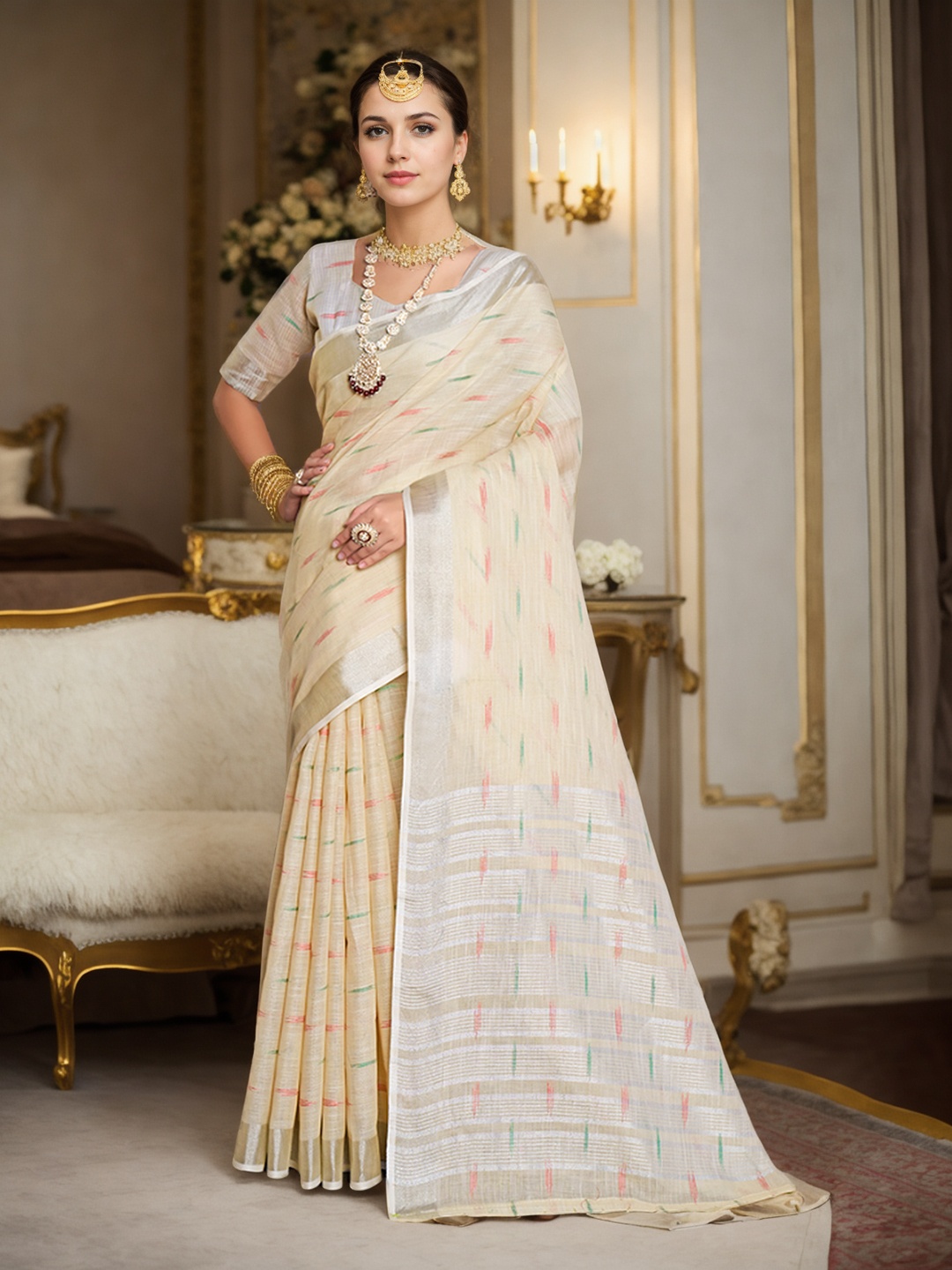 

Anouk Abstract Wovened Design Zari Saree, Cream