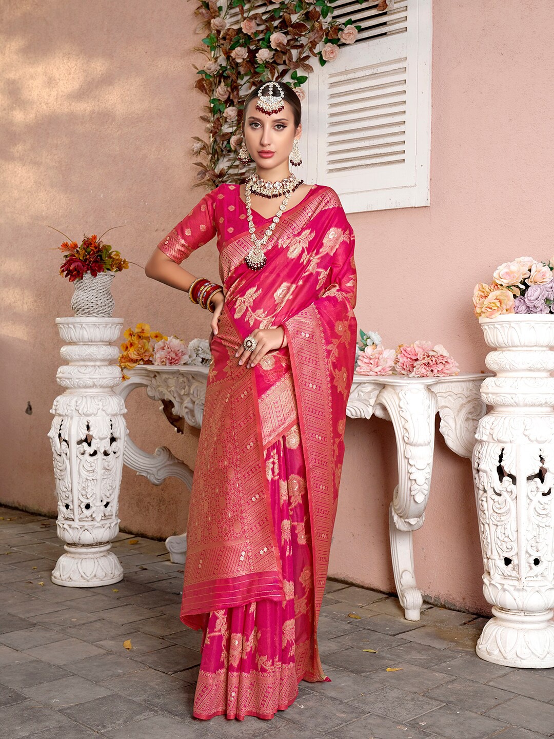 

Anouk Woven Design Zari Organza Saree, Pink