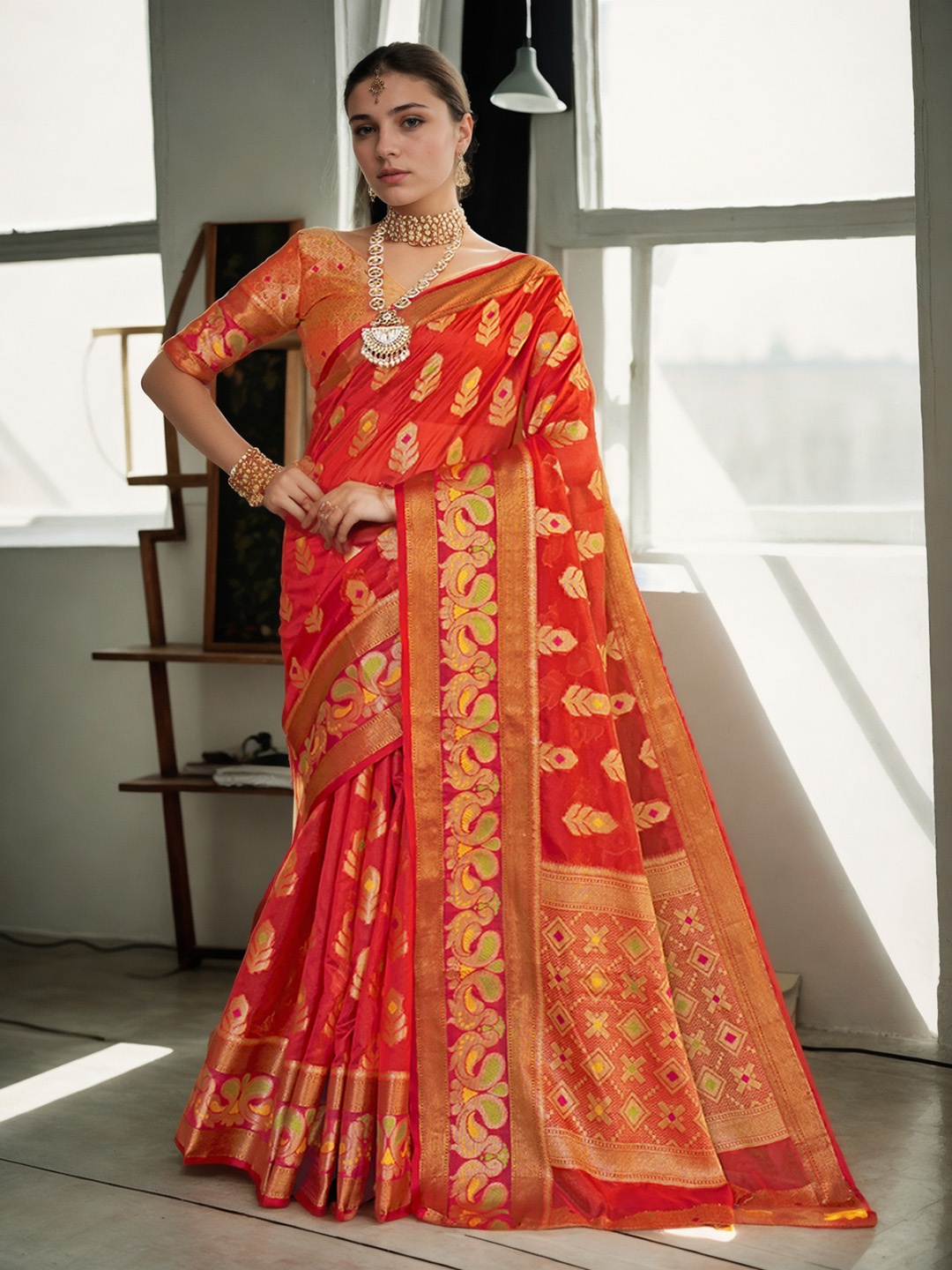 

Anouk Red Ethnic Motifs Woven Design Zari Organza Saree