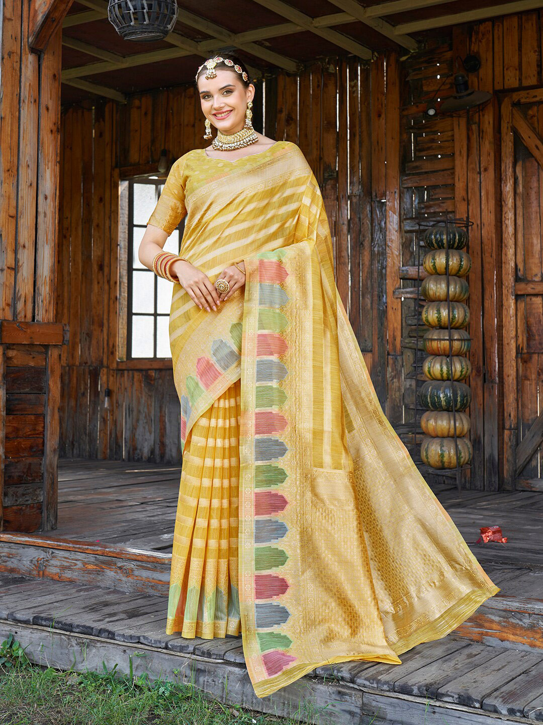 

Anouk Ethnic Motifs Printed Linen Blend Saree, Yellow