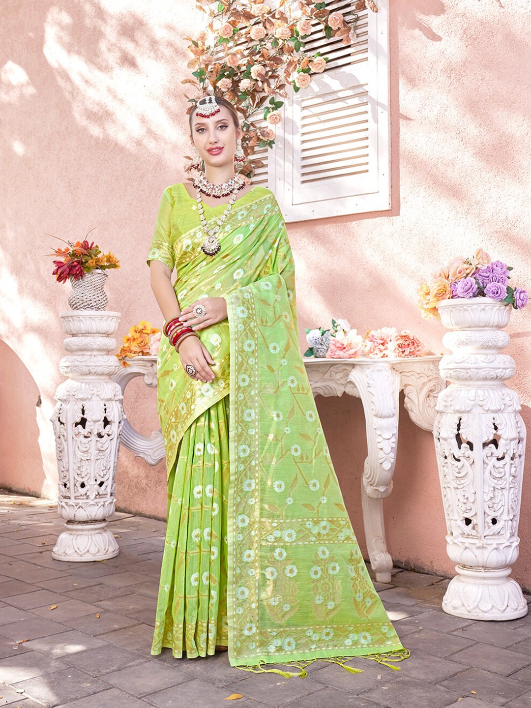 

Anouk Lime Green Floral Woven Design Zari Pure Cotton Saree
