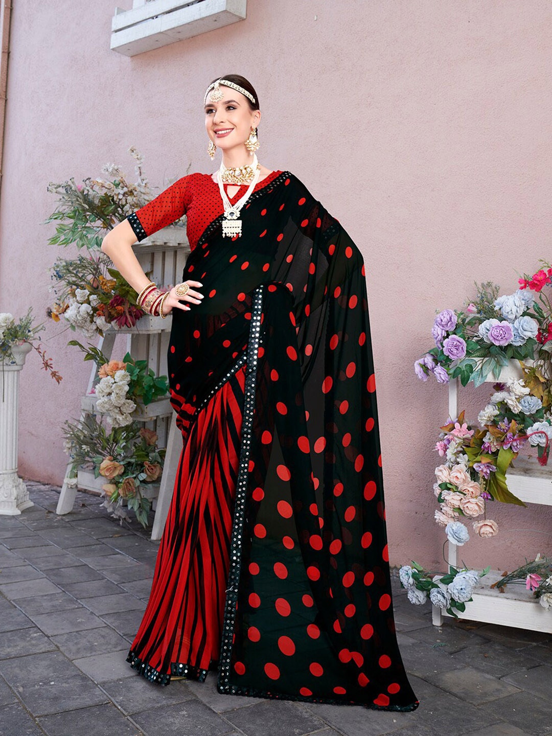 

Anouk Rustic Black Polka Dots Printed Sequinned Art Silk Saree