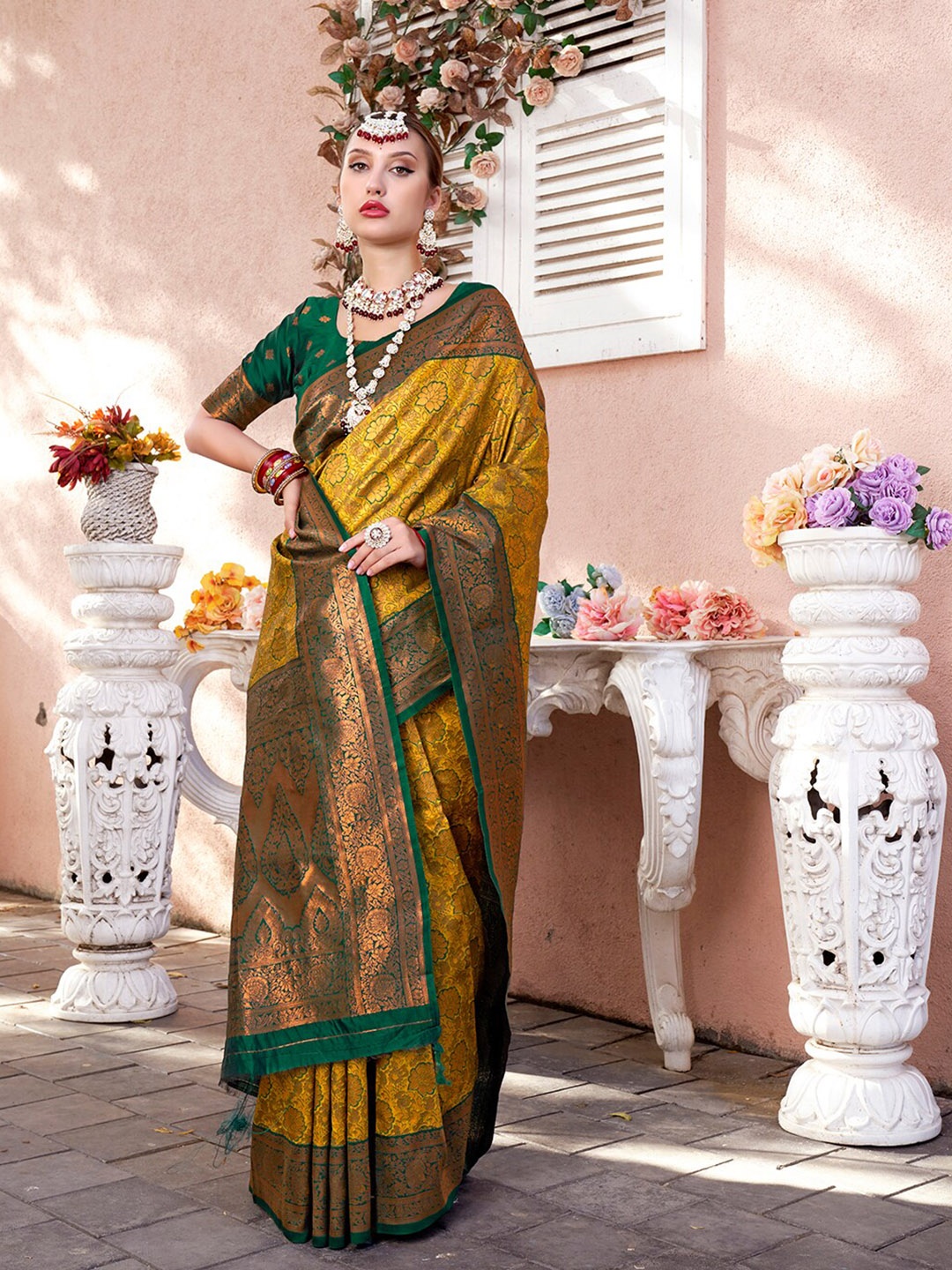 

Anouk Yellow Floral Woven Design Zari Detailed Kanjeevaram Saree