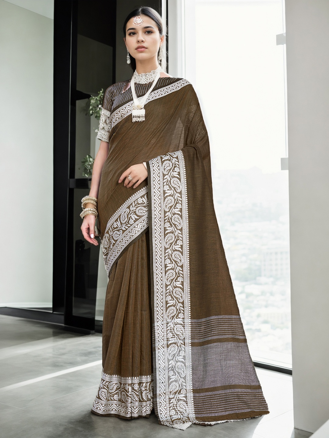 

Anouk Brown Paisley Woven Design Saree