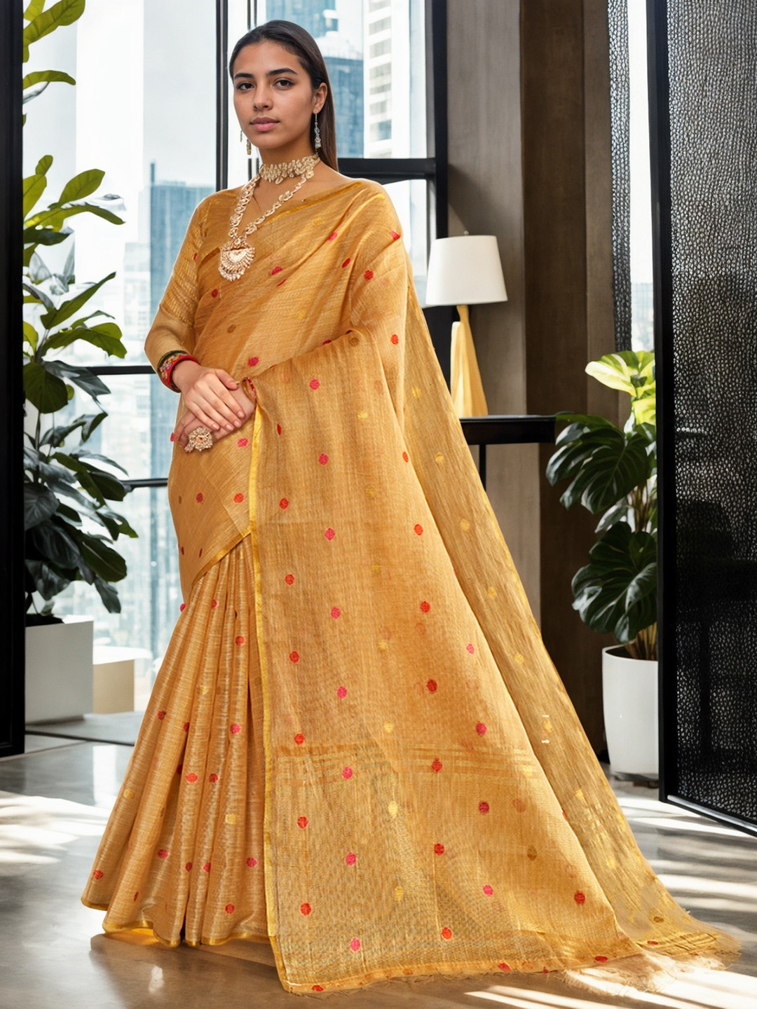 

Anouk Cream-Coloured Polka Dots Woven Design Zari Saree