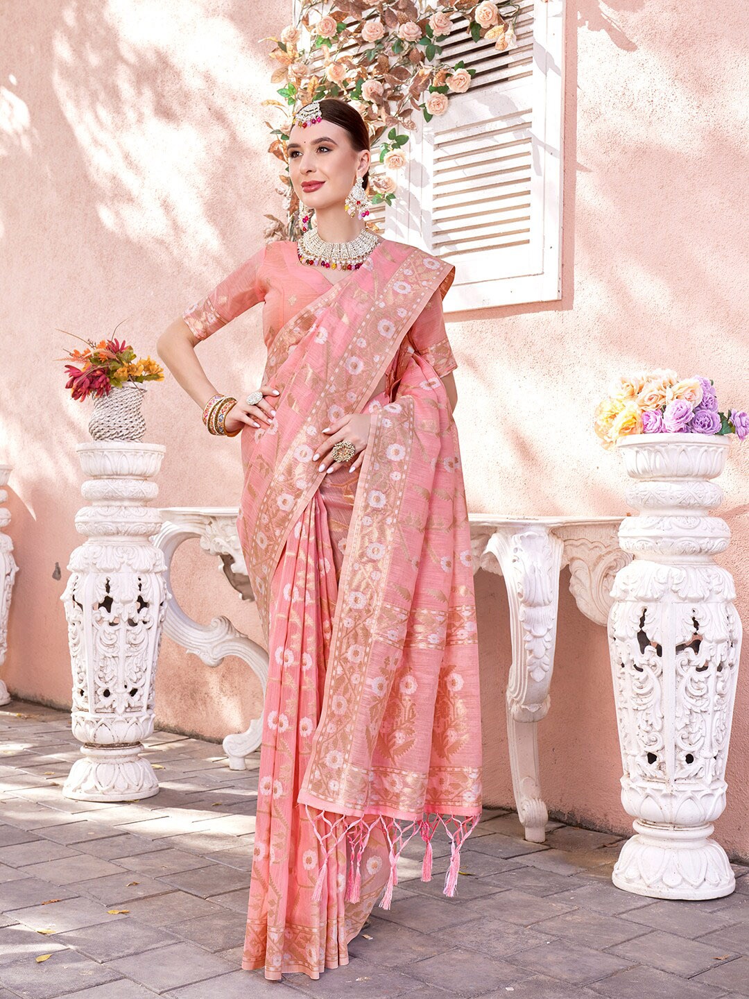 

Anouk Pink Ethnic Motifs Woven Design Zari Detailed Pure Cotton Saree