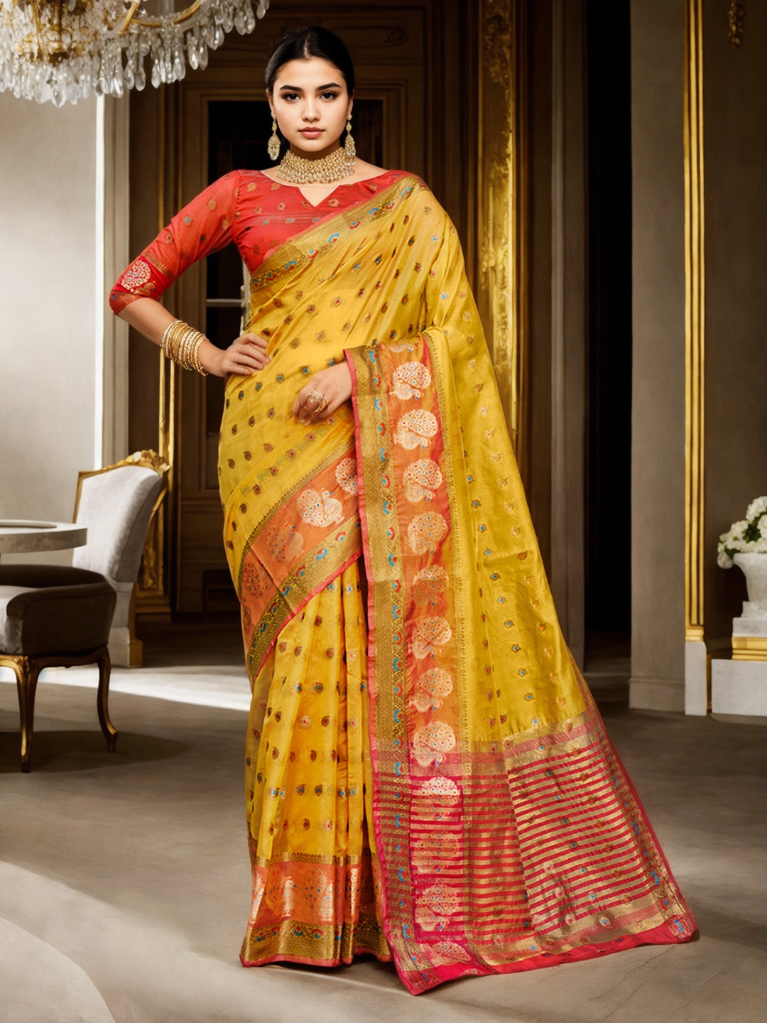 

Anouk Yellow Ethnic Motifs Woven Design Zari Detailed Organza Saree