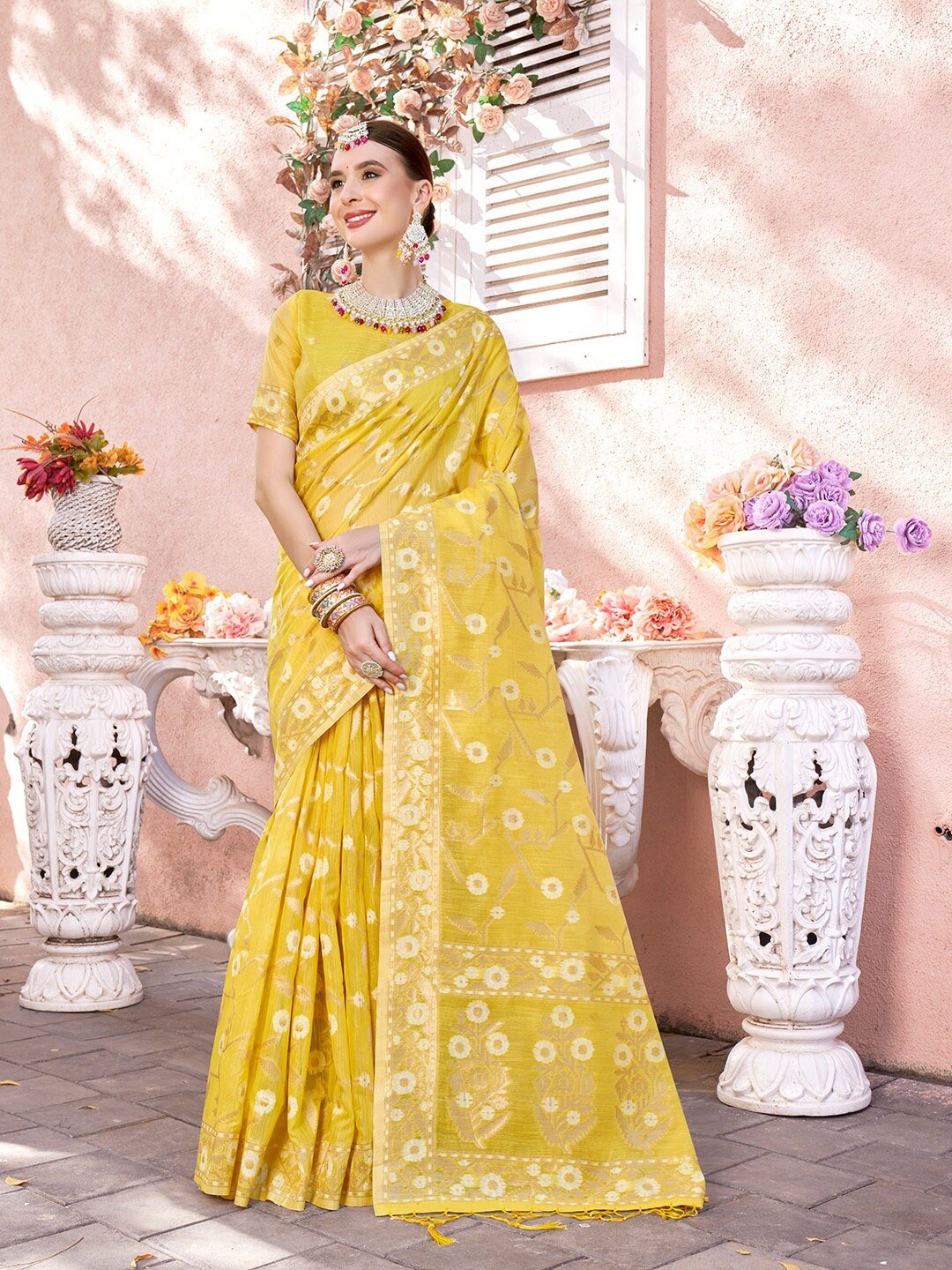 

Anouk Ethnic Motifs Woven Design Zari Pure Cotton Saree, Yellow