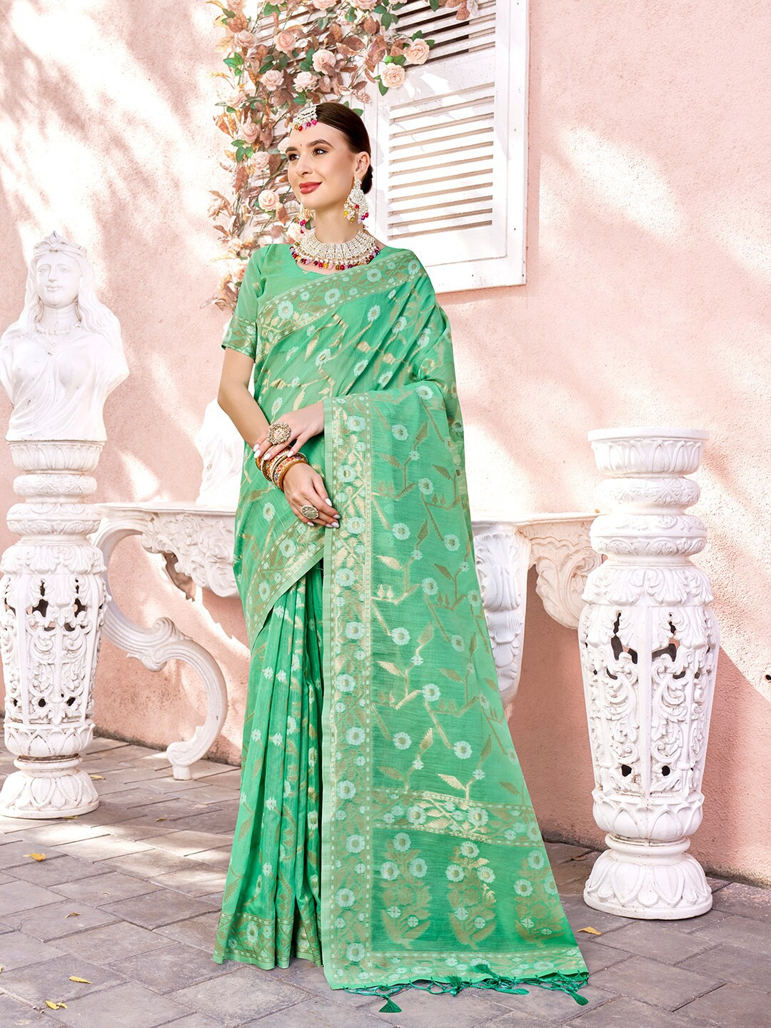 

Anouk Green Floral Woven Design Zari Pure Cotton Saree