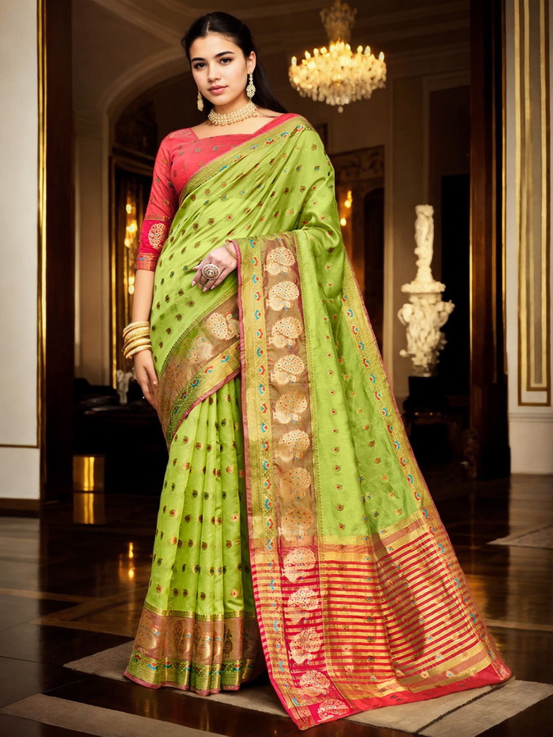 

Anouk Lime Green Ethnic Motifs Woven Design Zari Organza Saree